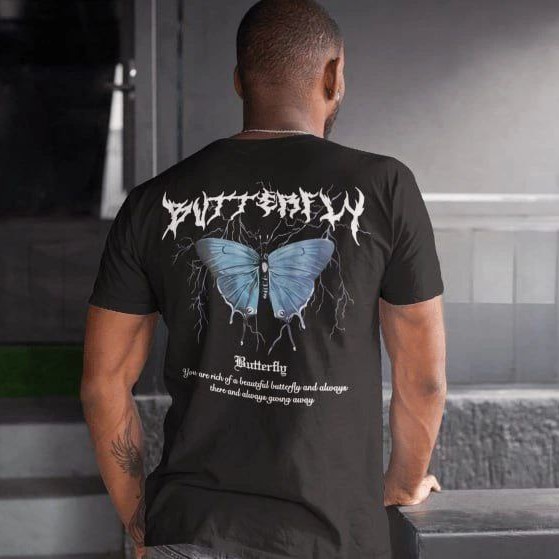 Erkek Tişort  Bisiklet Yaka Kelebek Baskılı Kısa kol T-Shirt - Siyah