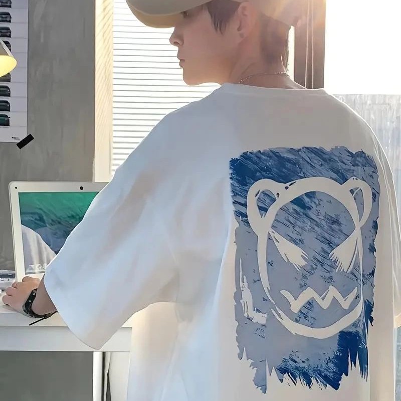 Erkek Tişört Bisiklet Yaka Kore sevimli ayı baskı Kısa Kol T-Shirt  - Beyaz