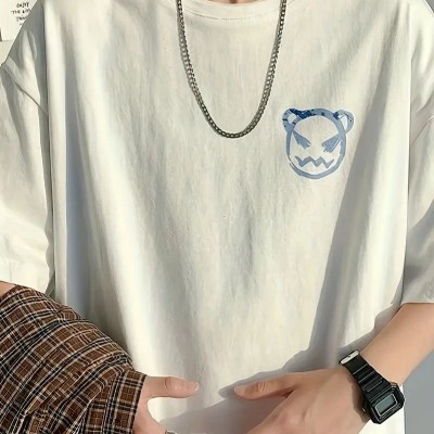 Erkek Tişört Bisiklet Yaka Kore sevimli ayı baskı Kısa Kol T-Shirt  - Beyaz