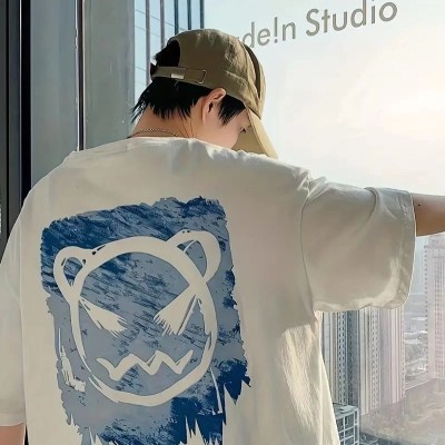 Erkek Tişört Bisiklet Yaka Kore sevimli ayı baskı Kısa Kol T-Shirt  - Beyaz