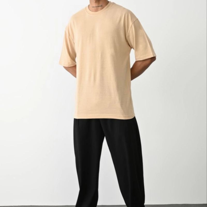 Erkek Tişört Düz Basic Penye Yazlık Bisiklet Yaka Kısa Kol T-Shirt - Bej