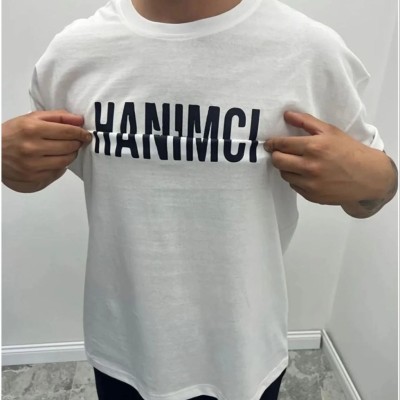 Erkek Tişört Kısa Kol Bisiklet Yaka Katlanan HANIMCI Baskılı T-Shirt - Beyaz
