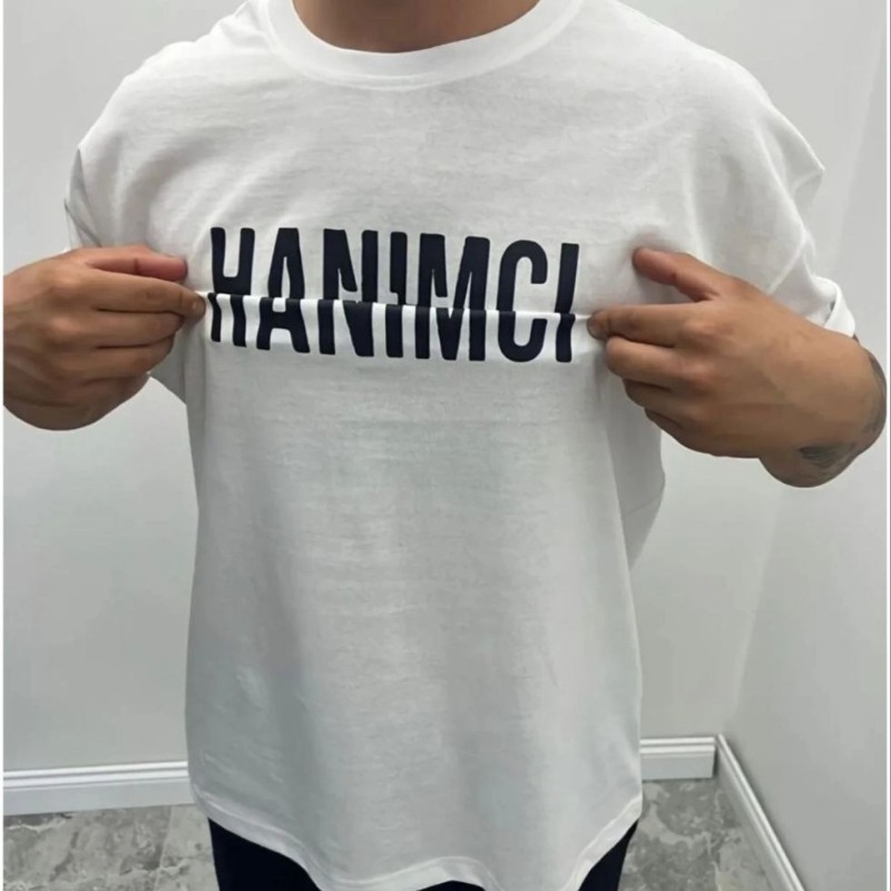 Erkek Tişört Kısa Kol Bisiklet Yaka Katlanan HANIMCI Baskılı T-Shirt - Beyaz