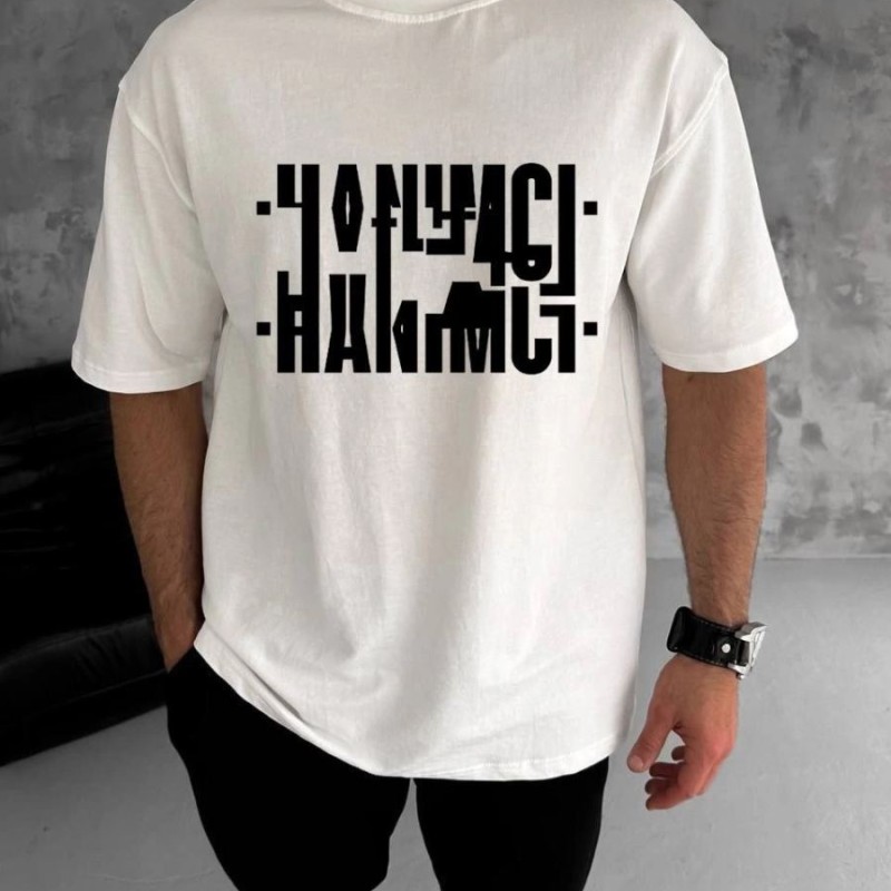 Erkek Tişört Kısa Kol Bisiklet Yaka Katlanan HANIMCI Baskılı T-Shirt - Beyaz