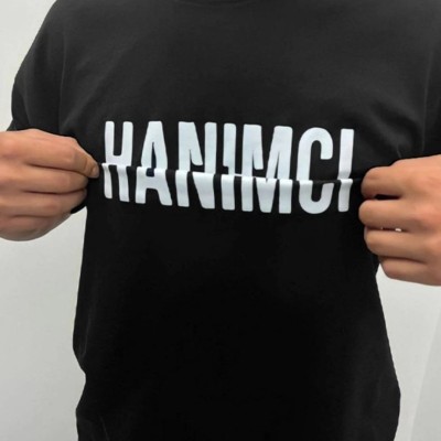 Erkek Tişört Kısa Kol Bisiklet Yaka Katlanan HANIMCI Baskılı T-Shirt - Siyah