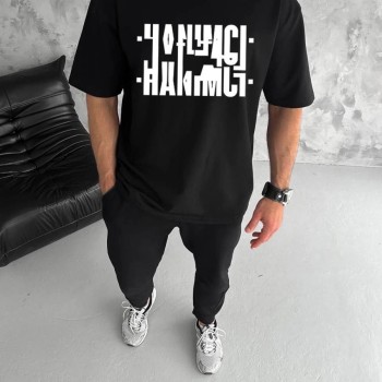 Erkek Tişört Kısa Kol Bisiklet Yaka Katlanan HANIMCI Baskılı T-Shirt - Siyah