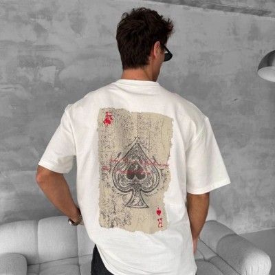 ERKEK Tişört Kısa kol Ön ve Arka Baskılı Oversize Bisiklet Yaka T-Shirt - Beyaz