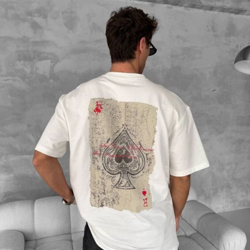 ERKEK Tişört Kısa kol Ön ve Arka Baskılı Oversize Bisiklet Yaka T-Shirt - Beyaz