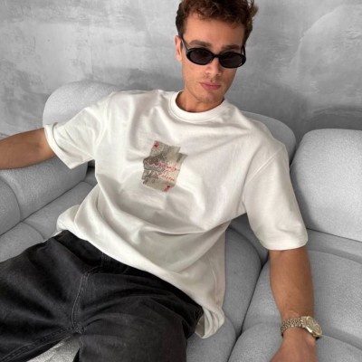 ERKEK Tişört Kısa kol Ön ve Arka Baskılı Oversize Bisiklet Yaka T-Shirt - Beyaz