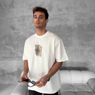 ERKEK Tişört Kısa kol Ön ve Arka Baskılı Oversize Bisiklet Yaka T-Shirt - Beyaz
