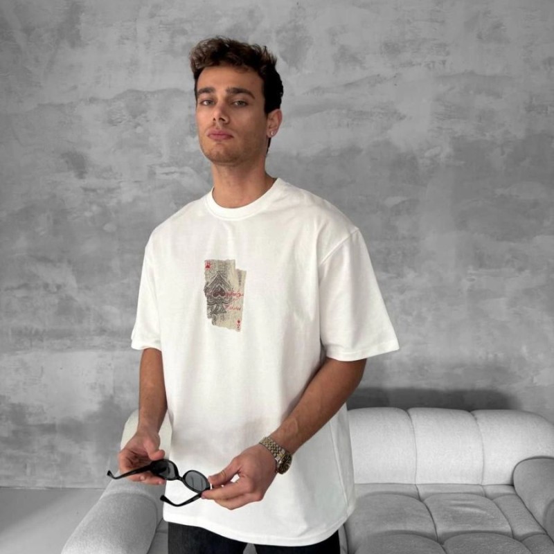 ERKEK Tişört Kısa kol Ön ve Arka Baskılı Oversize Bisiklet Yaka T-Shirt - Beyaz