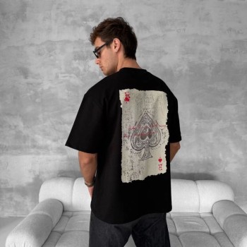 ERKEK Tişört Kısa Kol Ön ve Arka Baskılı Oversize Bisiklet Yaka T-shirt - Siyah