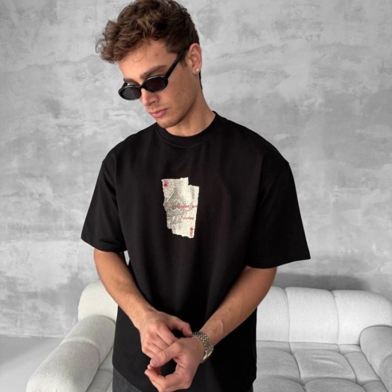 ERKEK Tişört Kısa Kol Ön ve Arka Baskılı Oversize Bisiklet Yaka T-shirt - Siyah