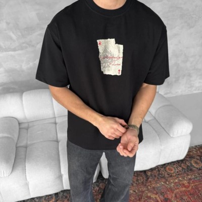 ERKEK Tişört Kısa Kol Ön ve Arka Baskılı Oversize Bisiklet Yaka T-shirt - Siyah