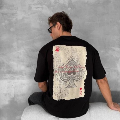 ERKEK Tişört Kısa Kol Ön ve Arka Baskılı Oversize Bisiklet Yaka T-shirt - Siyah
