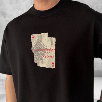 ERKEK Tişört Kısa Kol Ön ve Arka Baskılı Oversize Bisiklet Yaka T-shirt - Siyah