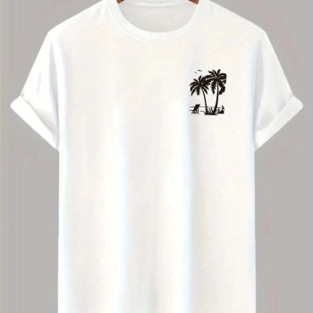 Erkek Tişört Palmiye Baskılı Bisiklet Yaka Kısa Kol T-Shirt - Beyaz