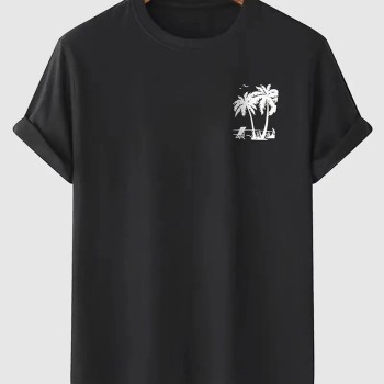 Erkek Tişört Palmiye Baskılı Bisiklet Yaka Kısa Kol Yazlık T-shirt - Siyah