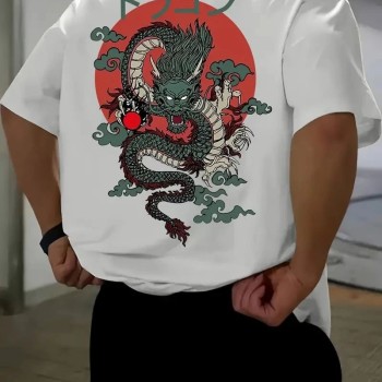 Erkek Tişört Penye Compack Ejder Baskılı Bisiklet Yaka T-shirt - Beyaz