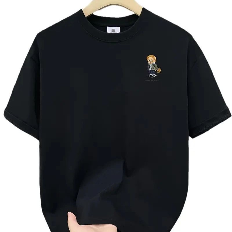 Erkek Tişört Penye Compack Gözlüklü Ayı Bisiklet Yaka Erkek T-shirt - Siyah