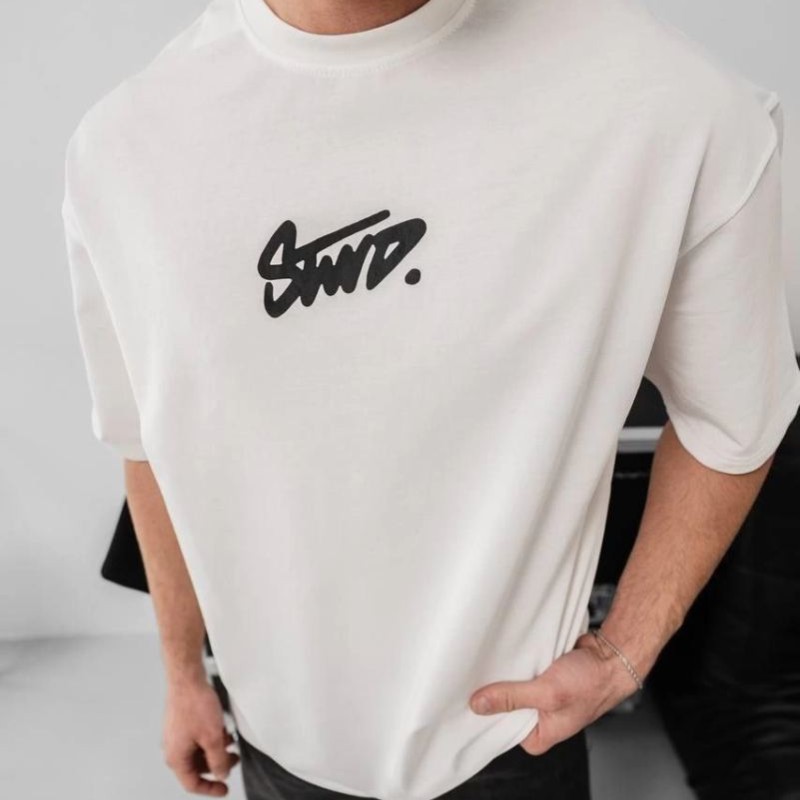 Erkek Tişört Yazlık Baskılı Oversize Kısa kol T-Shirt - Beyaz
