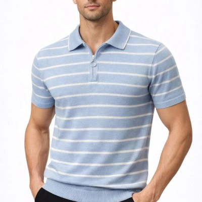 Erkek Triko Polo Yaka Fermuarlı Çizgili Tişört T-Shirt Yazlık Şık - Bebek Mavisi