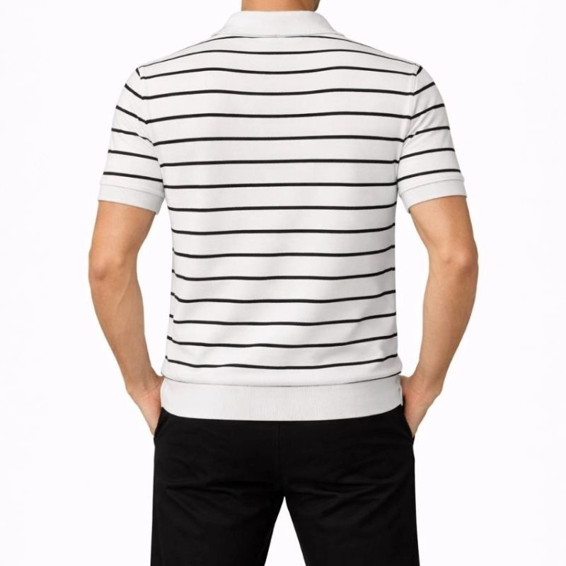 Erkek Triko Polo Yaka Fermuarlı Çizgili Tişört T-Shirt Yazlık Şık - Beyaz