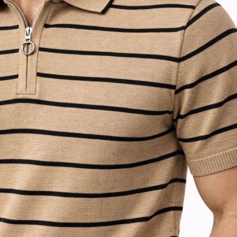 Erkek Triko Polo Yaka Fermuarlı Çizgili Tişört T-Shirt Yazlık Şık - Kahverengi