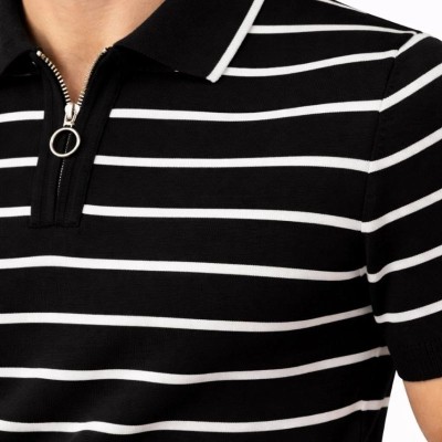 Erkek Triko Polo Yaka Fermuarlı Çizgili Tişört T-Shirt Yazlık Şık - Siyah