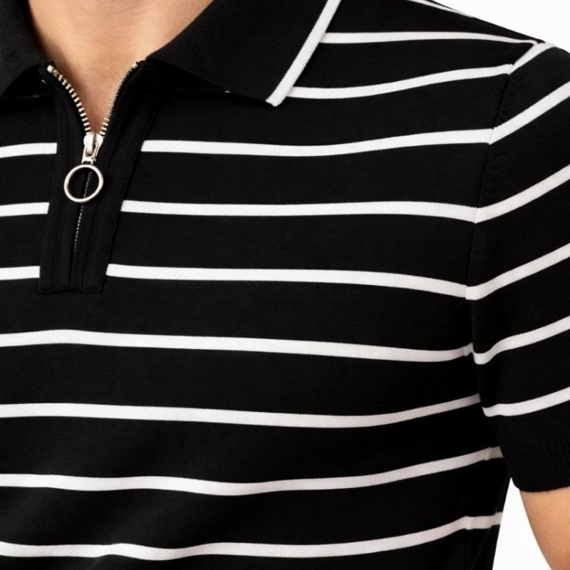 Erkek Triko Polo Yaka Fermuarlı Çizgili Tişört T-Shirt Yazlık Şık - Siyah