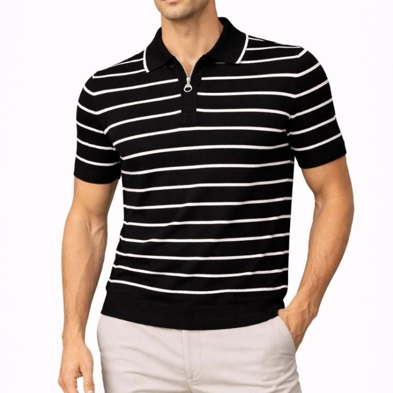 Erkek Triko Polo Yaka Fermuarlı Çizgili Tişört T-Shirt Yazlık Şık - Siyah