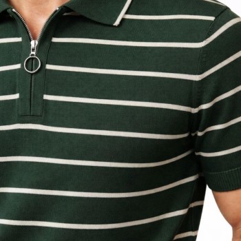 Erkek Triko Polo Yaka Fermuarlı Çizgili Tişört T-Shirt Yazlık Şık - Yeşil