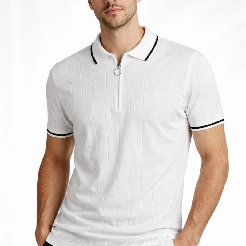 Erkek Triko Tişört Fermuarlı Polo Yaka Kısa Kol T-Shirt 3’lü Set Bej-Beyaz-Siyah