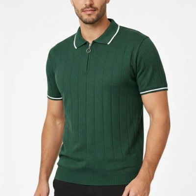 Erkek Triko Tişört Fermuarlı Polo Yaka Kısa Kol T-Shirt 3’lü Set Beyaz-Haki-Siyah