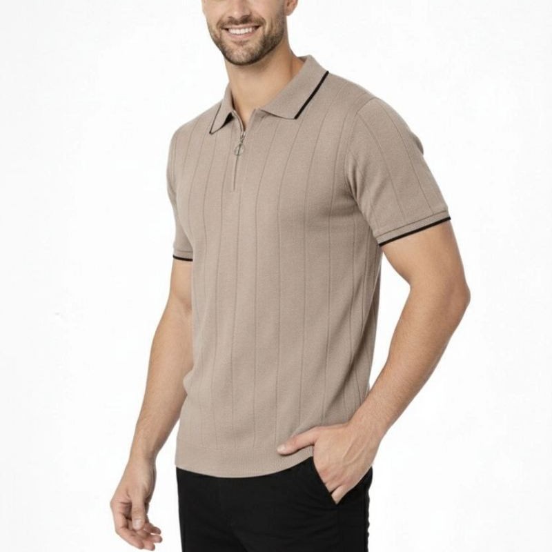 Erkek Triko Tişört Fermuarlı Polo Yaka Kısa Kol T-Shirt 3’lü Set Siyah-Kahve-Haki