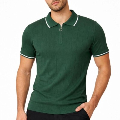 Erkek Triko Tişört Fermuarlı Polo Yaka Kısa Kol T-Shirt 3’lü Set Siyah-Kahve-Haki
