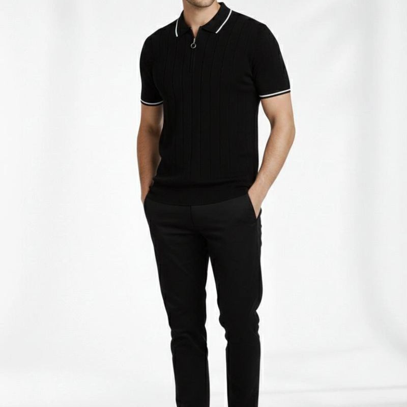 Erkek Triko Tişört Fermuarlı Polo Yaka Yazlık Kısa Kol T-Shirt 2’li Set Beyaz-Siyah