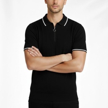 Erkek Triko Tişört Fermuarlı Polo Yaka Yazlık Kısa Kol T-Shirt 2’li Set Haki-Siyah