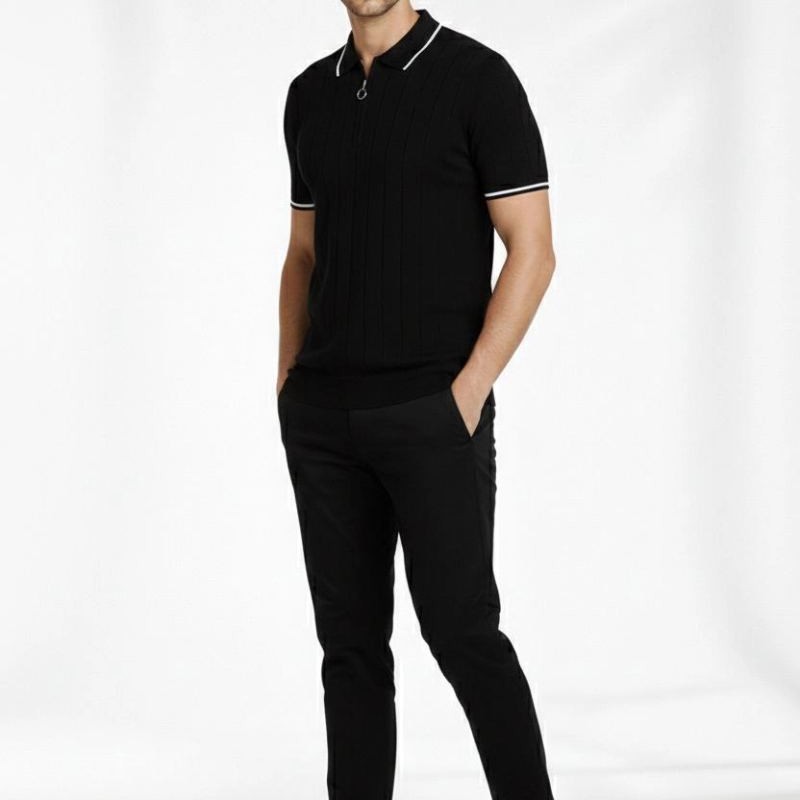 Erkek Triko Tişört Fermuarlı Polo Yaka Yazlık Kısa Kol T-Shirt 2’li Set Haki-Siyah