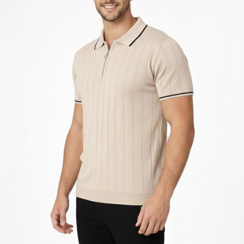 Erkek Triko Tişört Fermuarlı Polo Yakal Yazlık Kısa Kol T-Shirt 2’li Set Bej-Siyah