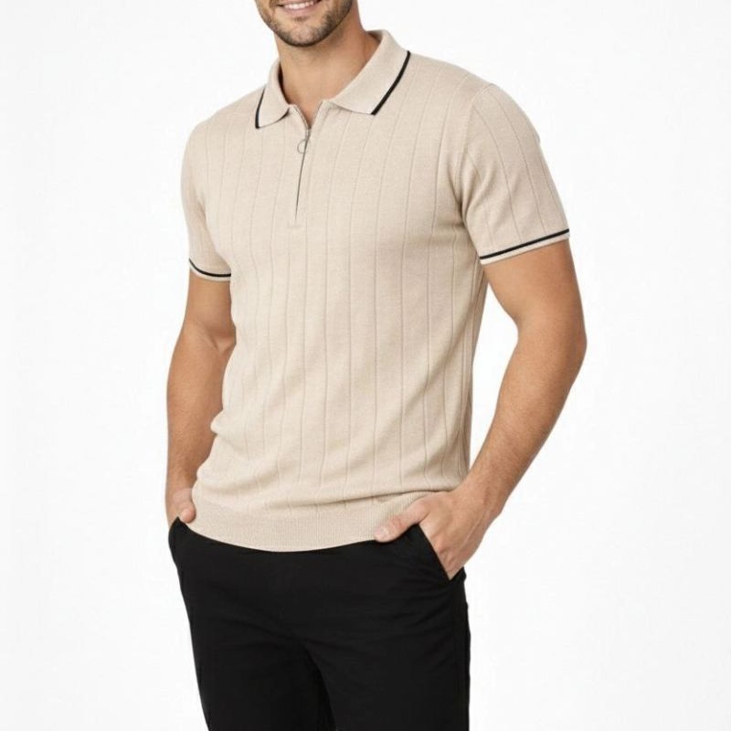 Erkek Triko Tişört Fermuarlı Polo Yakal Yazlık Kısa Kol T-Shirt 2’li Set Bej-Siyah