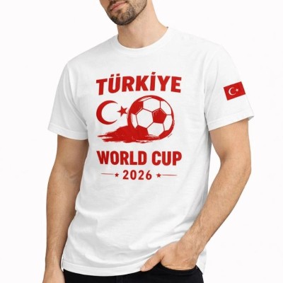 Erkek Türkiye World Cup 2026 Baskılı Tişört Futbol Temalı Forma T-Shirt - Beyaz