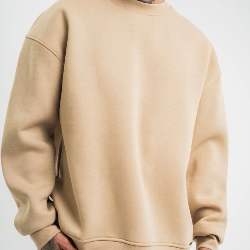 Erkek Uzun Kol Bisiklet Yaka 3 iplik Pamuklu Kışlık SweatShirt  - Bej