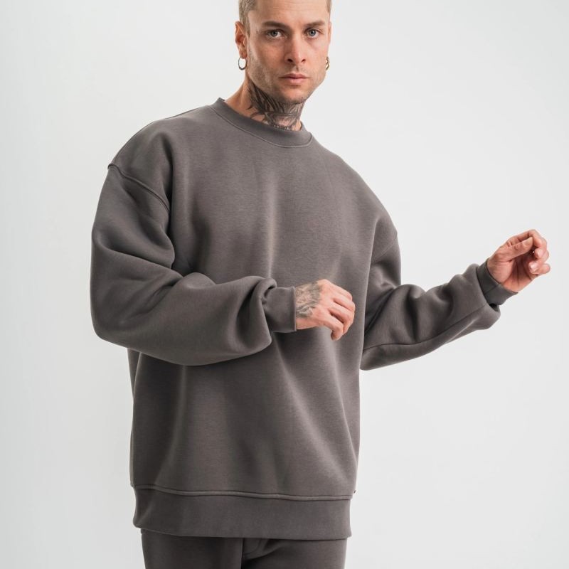 Erkek Uzun Kol Bisiklet Yaka 3 iplik Pamuklu Kışlık SweatShirt  - Füme