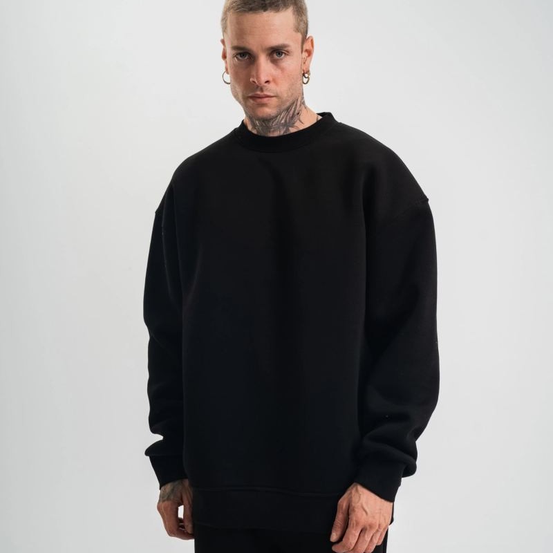 Erkek Uzun Kol Bisiklet Yaka 3 iplik Pamuklu Kışlık SweatShirt - Siyah