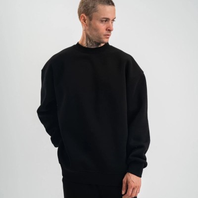 Erkek Uzun Kol Bisiklet Yaka 3 iplik Pamuklu Kışlık SweatShirt - Siyah