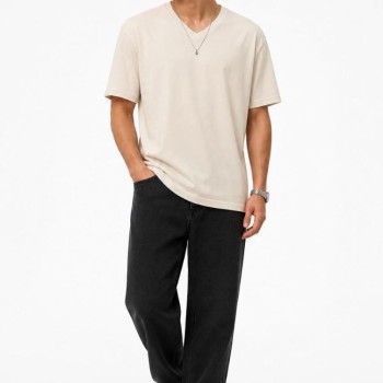 Erkek V Yaka Basic Tişört Kısa Kol Yazlık Regular Fit T-Shirt - Bej