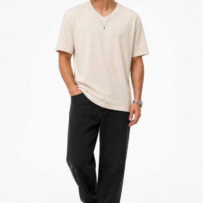 Erkek V Yaka Basic Tişört Kısa Kol Yazlık Regular Fit T-Shirt - Bej