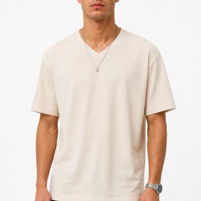 Erkek V Yaka Basic Tişört Kısa Kol Yazlık Regular Fit T-Shirt - Bej