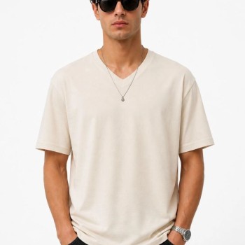 Erkek V Yaka Basic Tişört Kısa Kol Yazlık Regular Fit T-Shirt - Bej